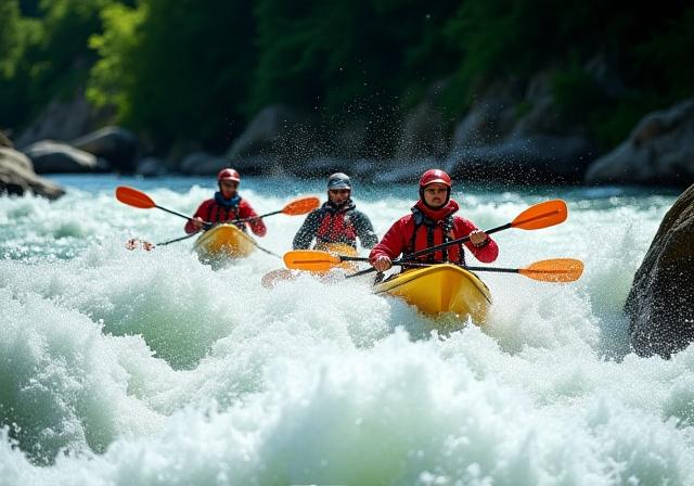 Kayakers navigating wilderness rapids on multi-sport adventure