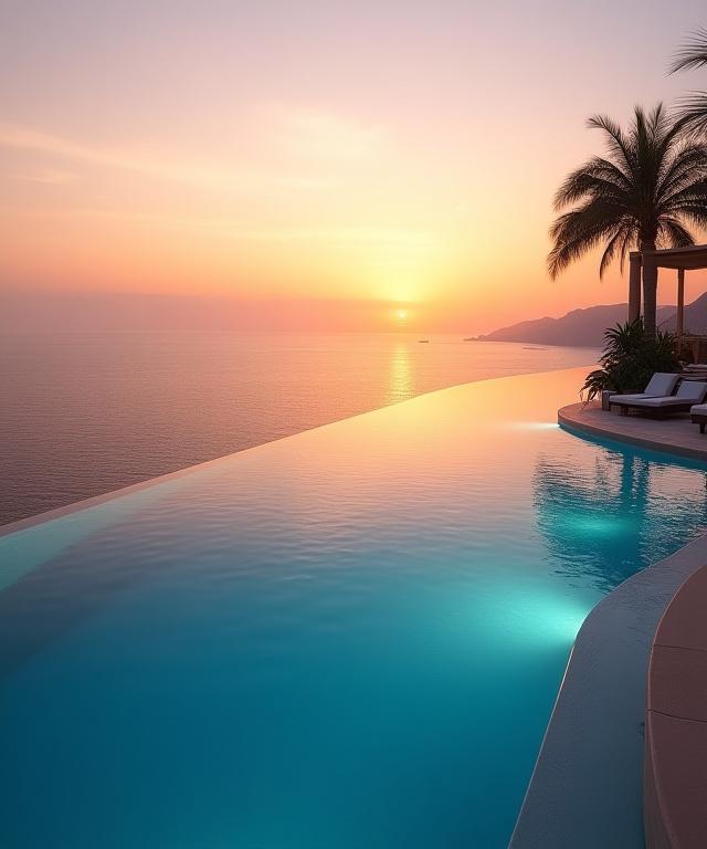 Luxury resort infinity pool overlooking ocean at sunset